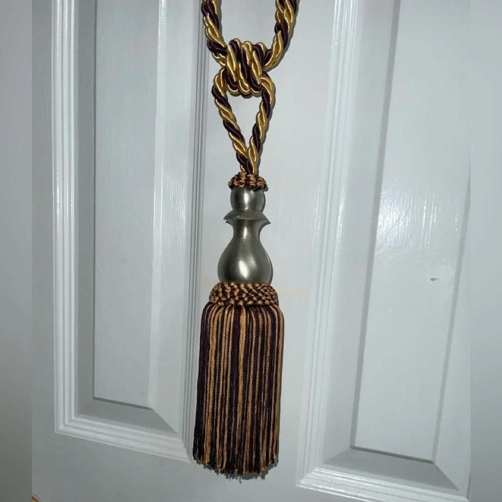 Silver Metal Curtain Tieback with Gold & Purple Cord – Single Drapery Holder